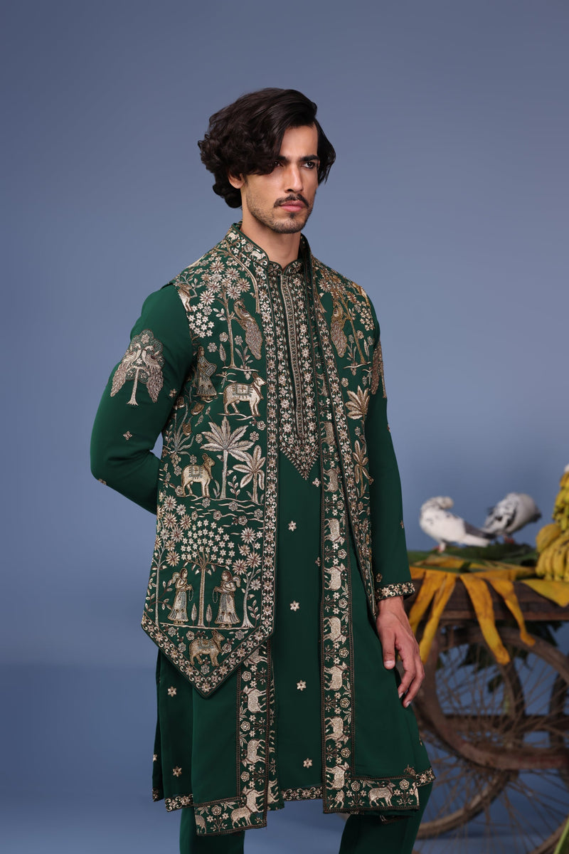 Sagar Parekh in Azan Pichwai Zari Bottle Green Kurta Jacket Set