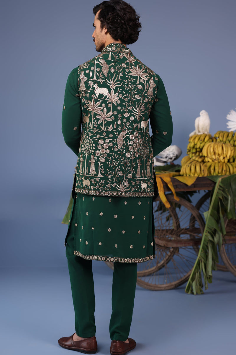keshav sadhna in Azan Pichwai Zari Bottle Green Kurta Jacket Set