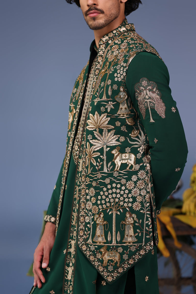 keshav sadhna in Azan Pichwai Zari Bottle Green Kurta Jacket Set