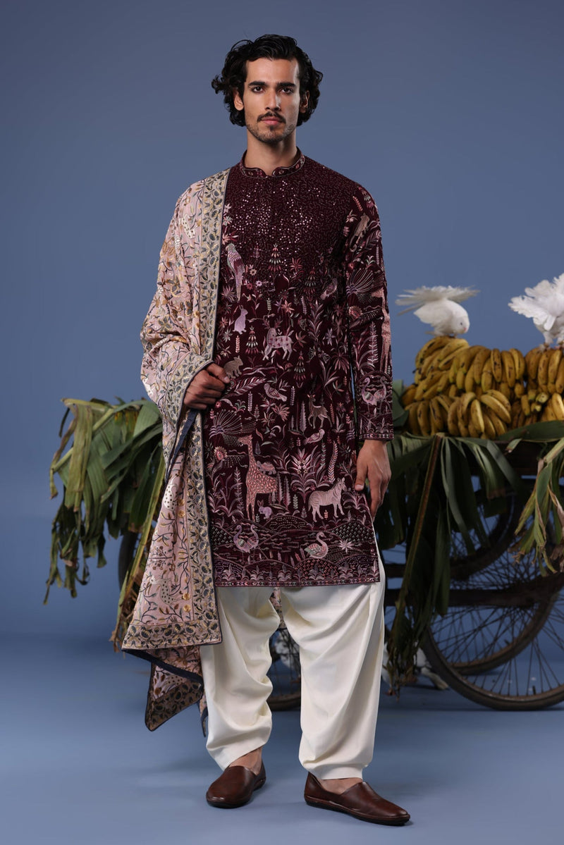Rishabh Jaiswal in Kaif Giraffe Wine Kurta Set