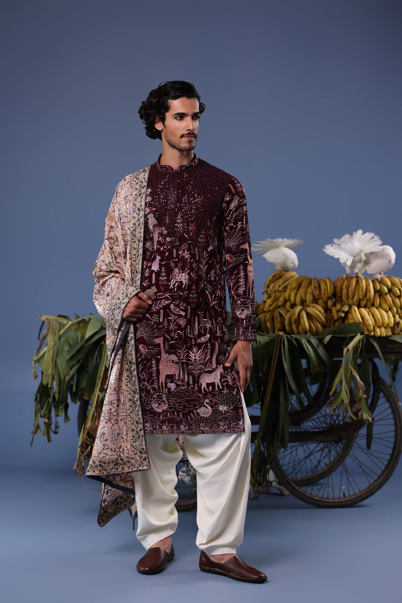 Rishabh Jaiswal in Kaif Giraffe Wine Kurta Set