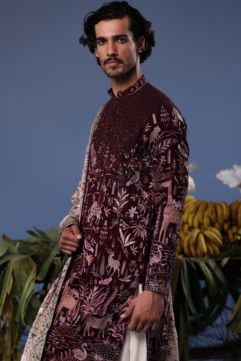 Rishabh Jaiswal in Kaif Giraffe Wine Kurta Set
