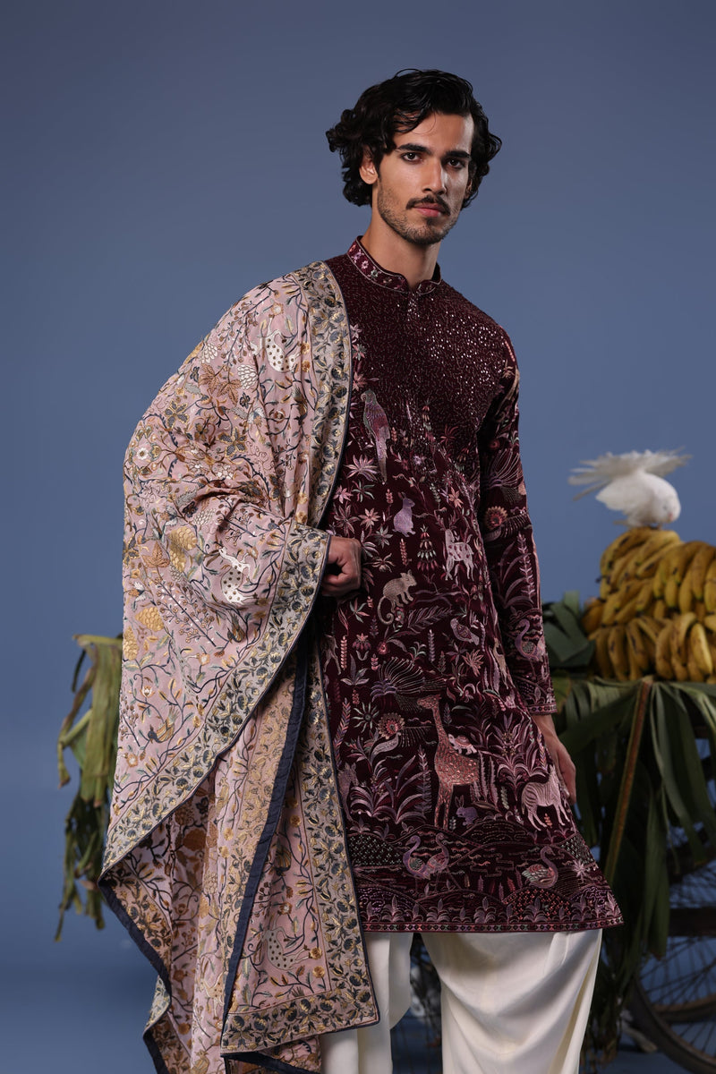 Rishabh Jaiswal in Kaif Giraffe Wine Kurta Set