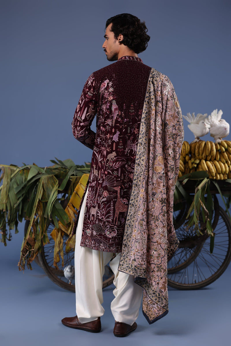 Rishabh Jaiswal in Kaif Giraffe Wine Kurta Set