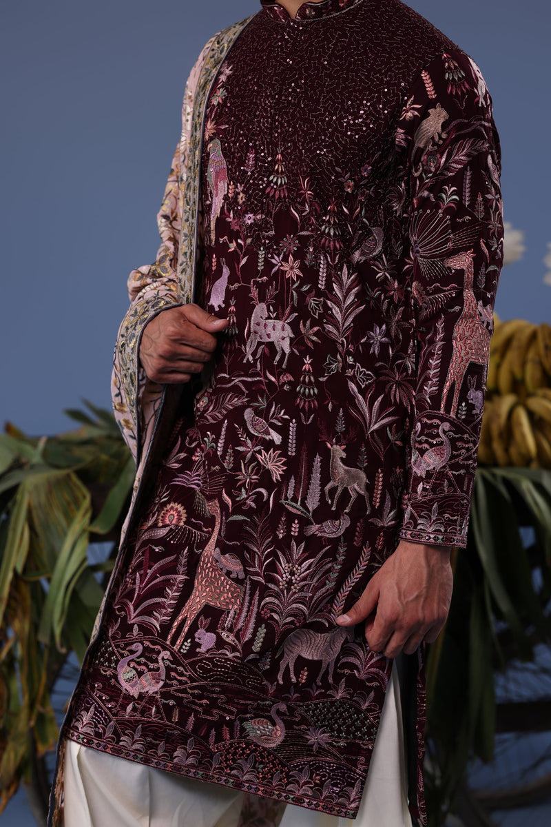 Rishabh Jaiswal in Kaif Giraffe Wine Kurta Set