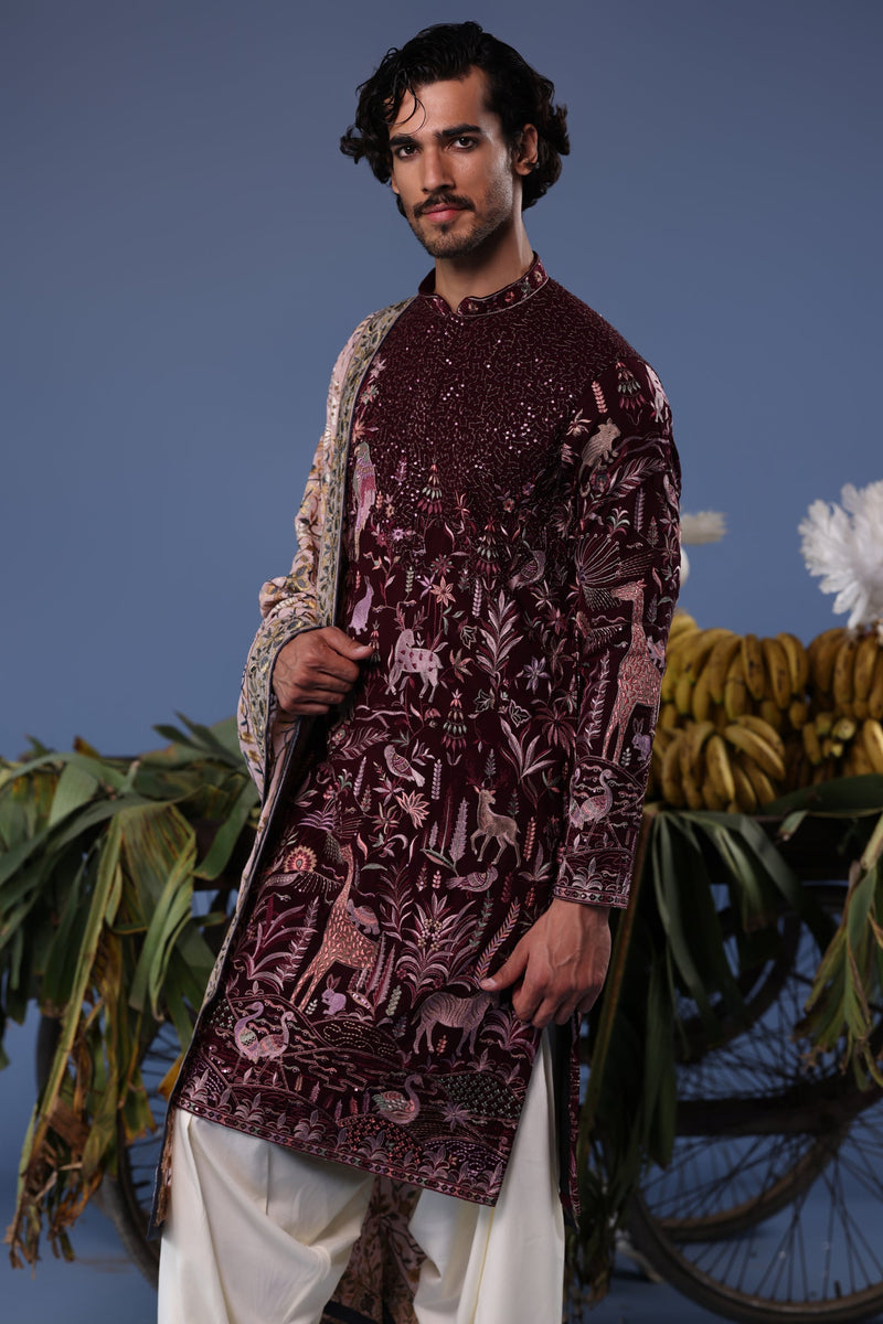 Rishabh Jaiswal in Kaif Giraffe Wine Kurta Set