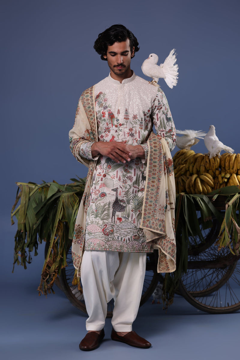Rishabh Jaiswal in Jibran Giraffe Ivory Kurta Set