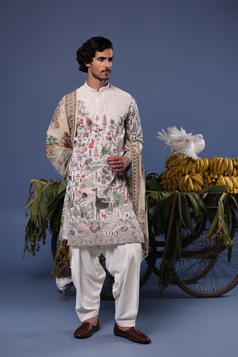 Rishabh Jaiswal in Jibran Giraffe Ivory Kurta Set