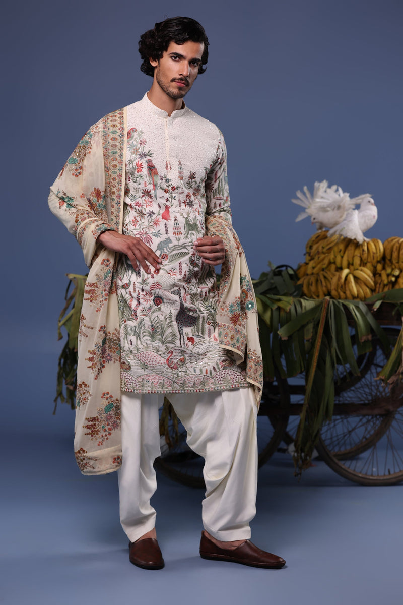 Rishabh Jaiswal in Jibran Giraffe Ivory Kurta Set
