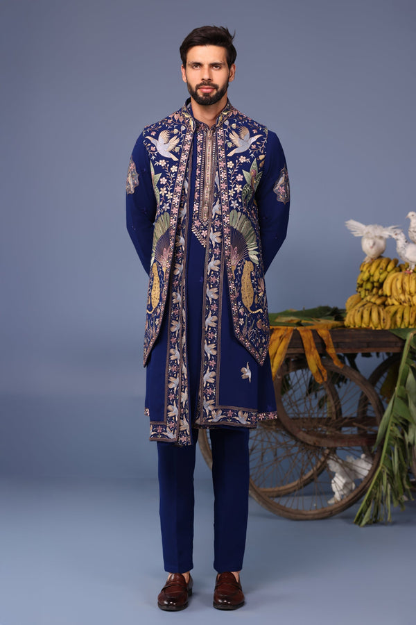 Faiz Wild Grace Navy Blue Kurta Jacket Set