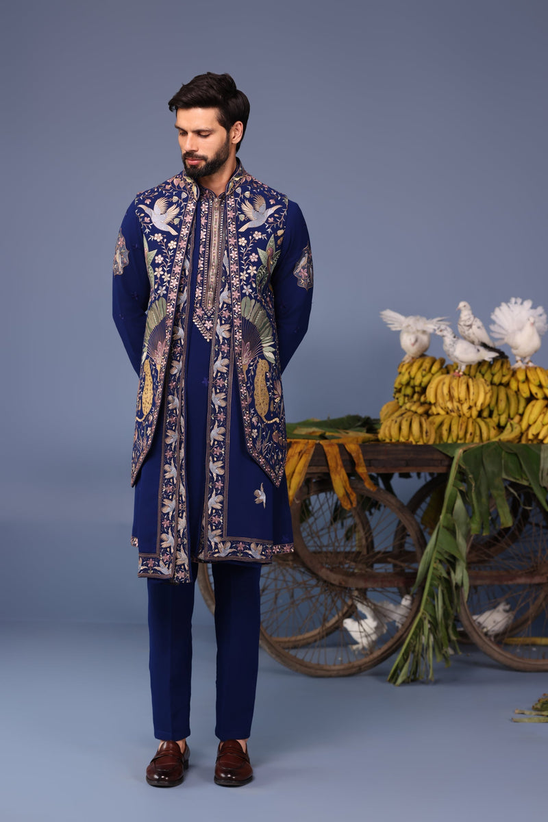 Faiz Wild Grace Navy Blue Kurta Jacket Set