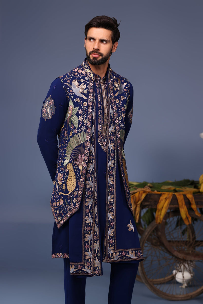 Aayushman Aman Maheshwari in Faiz Wild Grace Navy Blue Kurta Jacket Set