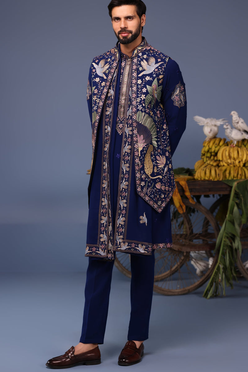 Faiz Wild Grace Navy Blue Kurta Jacket Set