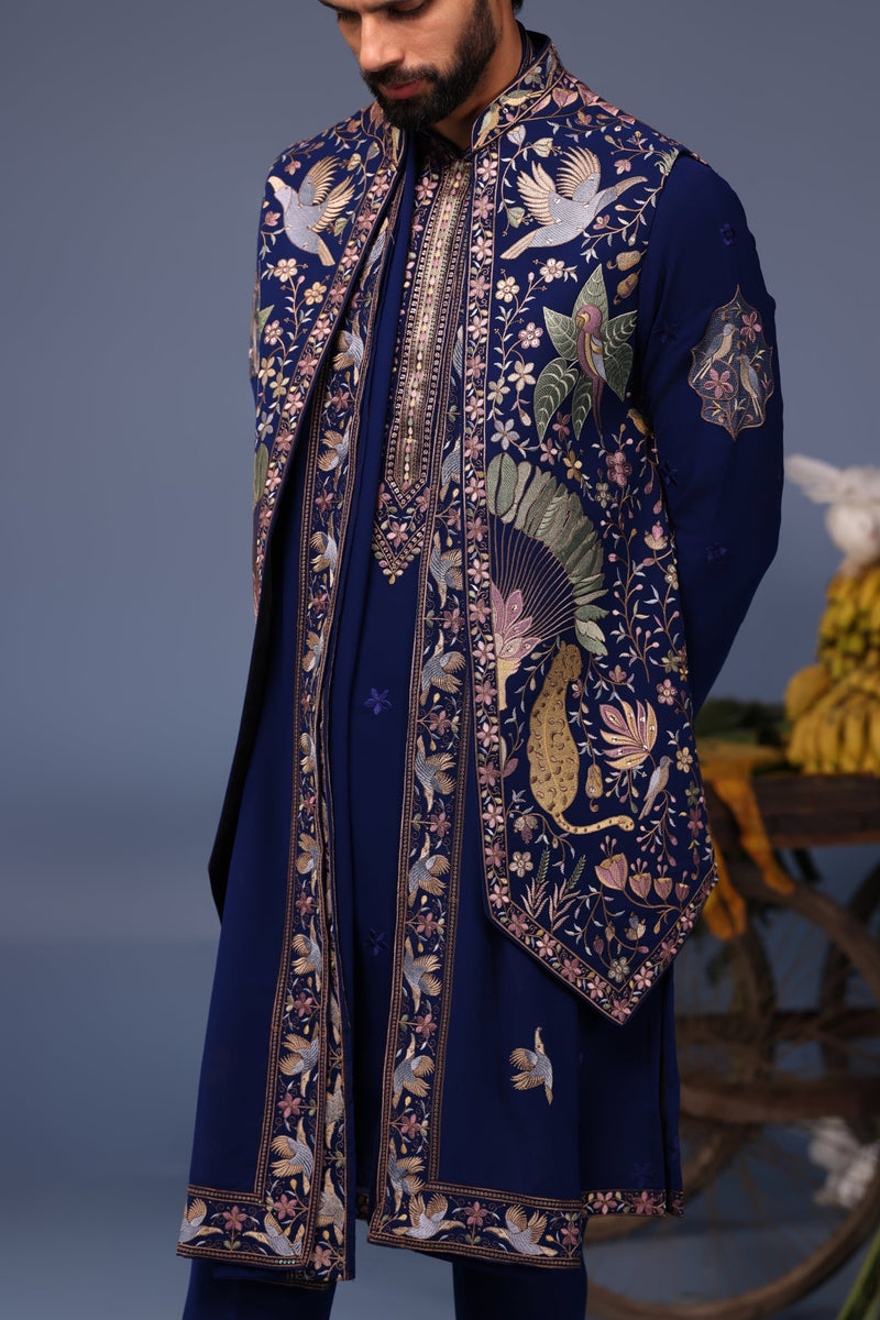 Faiz Wild Grace Navy Blue Kurta Jacket Set