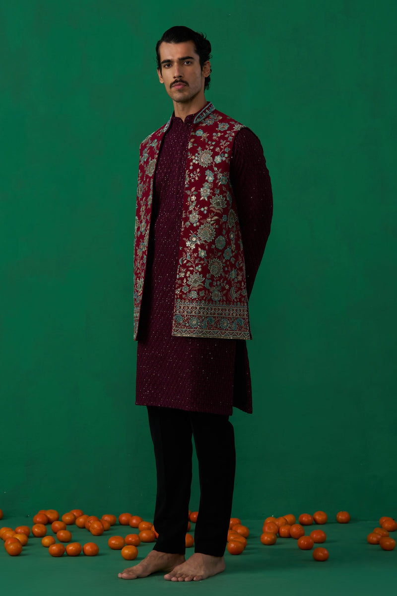 GULAB WINE KURTA JACKET SET