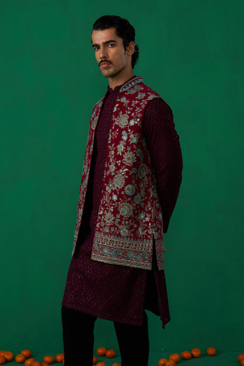 GULAB WINE KURTA JACKET SET