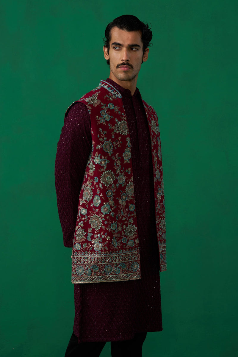 GULAB WINE KURTA JACKET SET