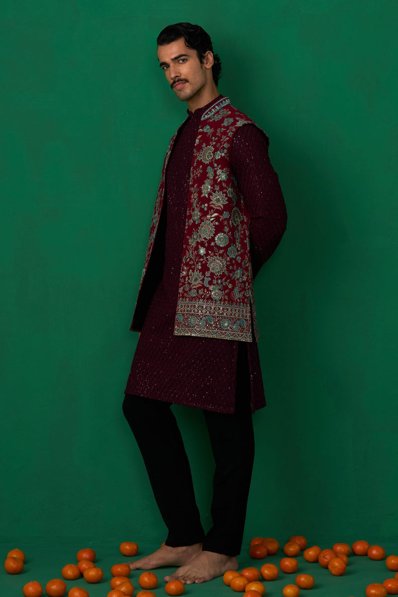 GULAB WINE KURTA JACKET SET