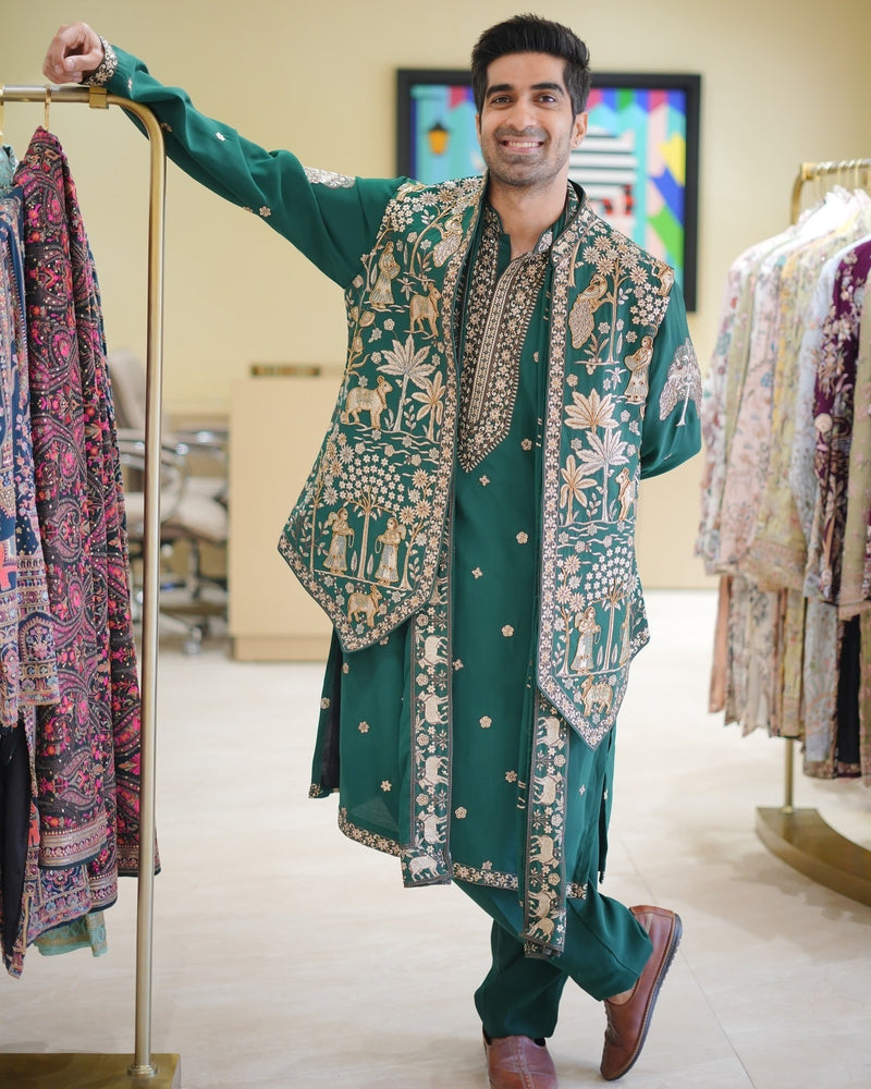 keshav sadhna in Azan Pichwai Zari Bottle Green Kurta Jacket Set