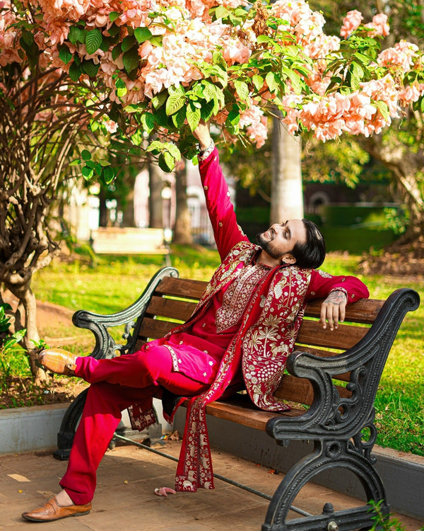 Krishna Sharma in Aariz Pichwai maroon Kurta Jacket Set