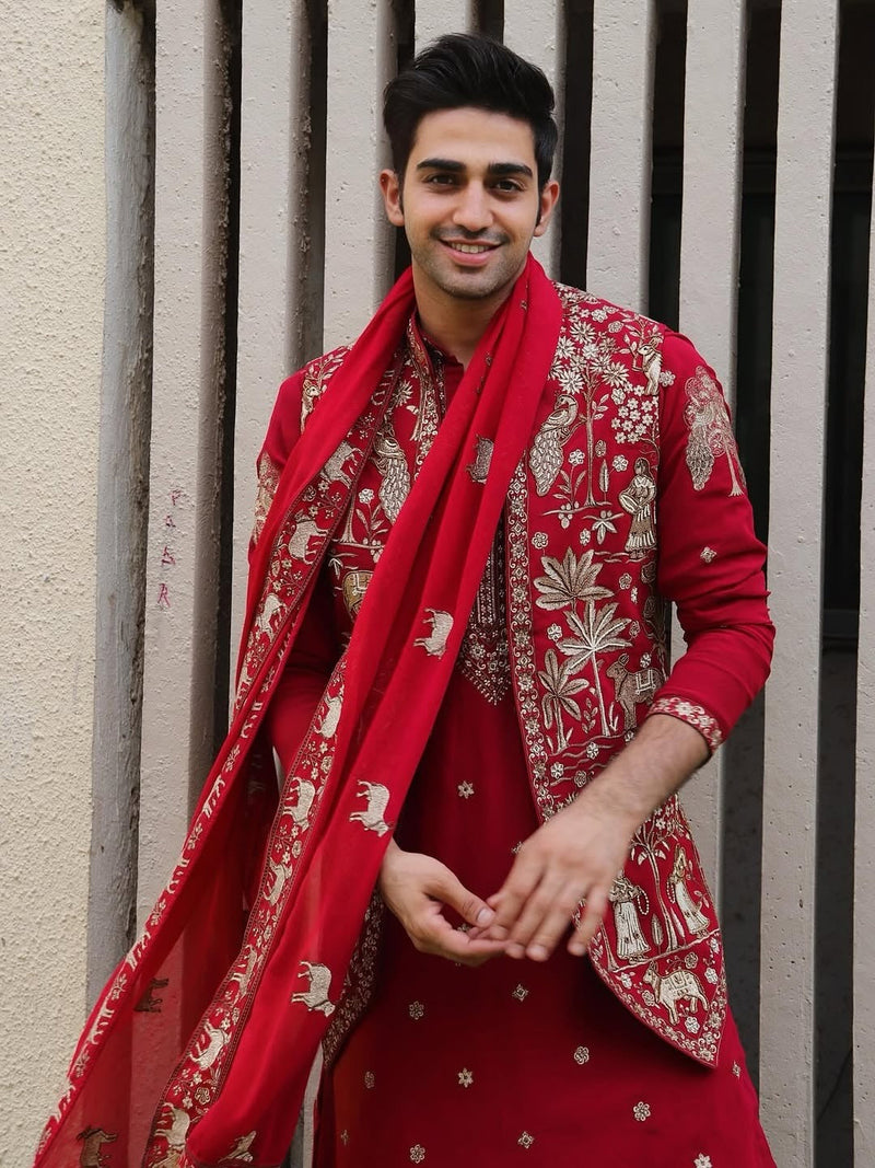 Sohail Mughal in Aariz Pichwai maroon Kurta Jacket Set
