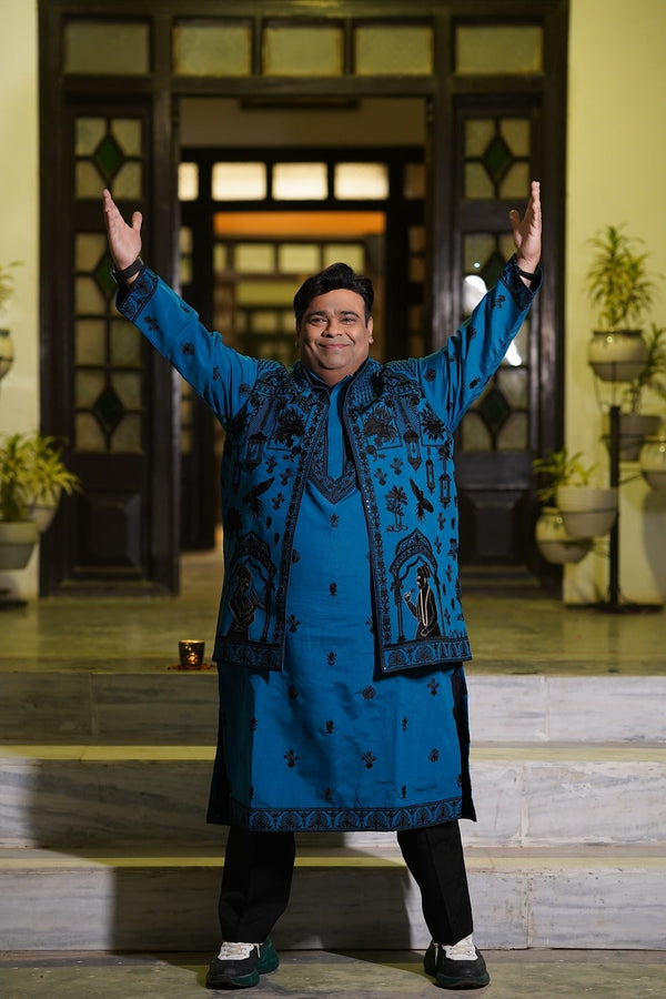 Kiku Sharda in Vasu Persian Blue Jacket kurta set with Dupatta