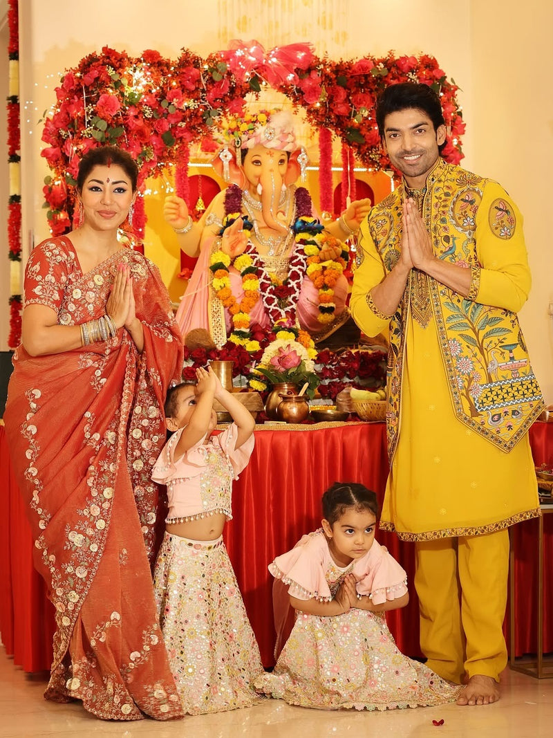 Gurmeet Choudhary in Gulistan Haldi Kurta Jacket Set