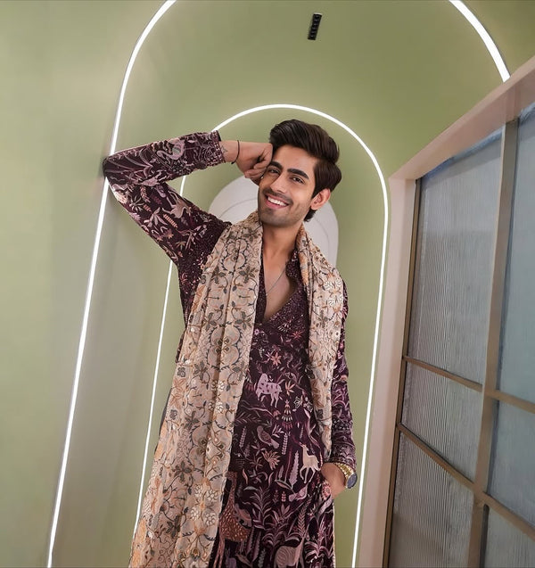 Rishabh Jaiswal in Kaif Giraffe Wine Kurta Set