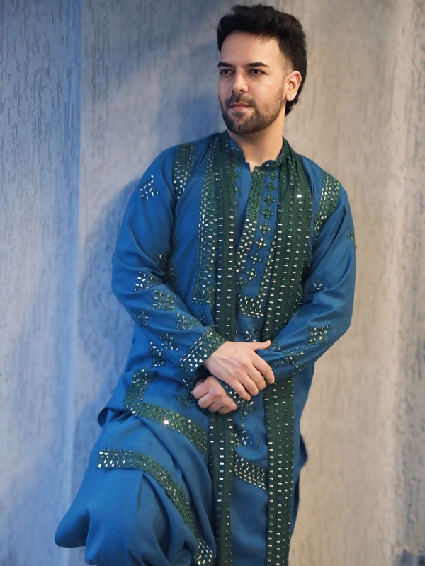 Ssanjay Gaggnani in DARPAN TEAL BLUE KURTA SET