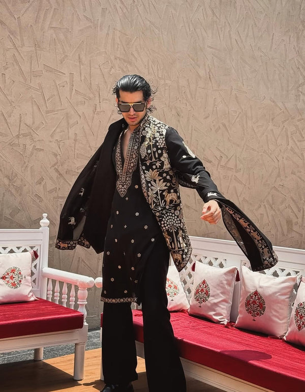 PARAS BHUSHAN KALNAWAT in Zubir Pichwai Zari Black Kurta Jacket Set