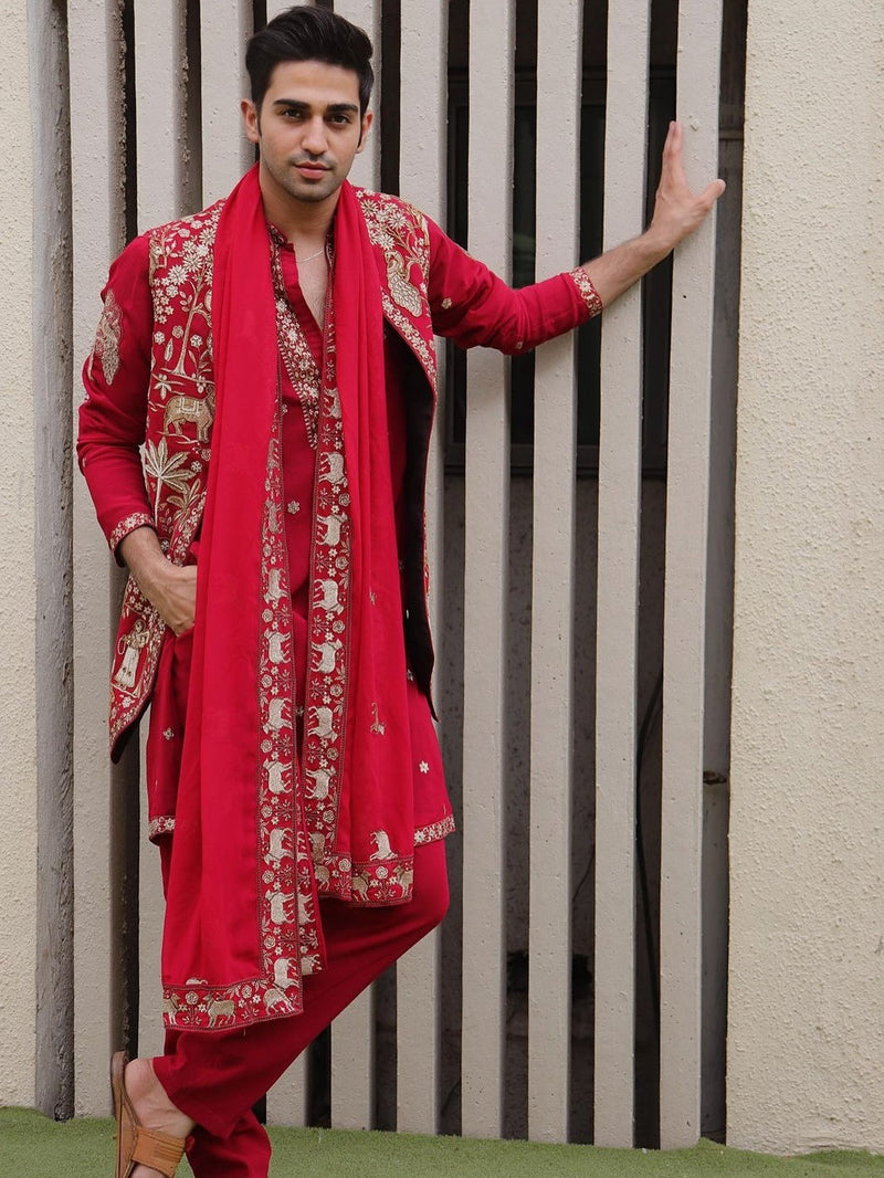 Sohail Mughal in Aariz Pichwai maroon Kurta Jacket Set
