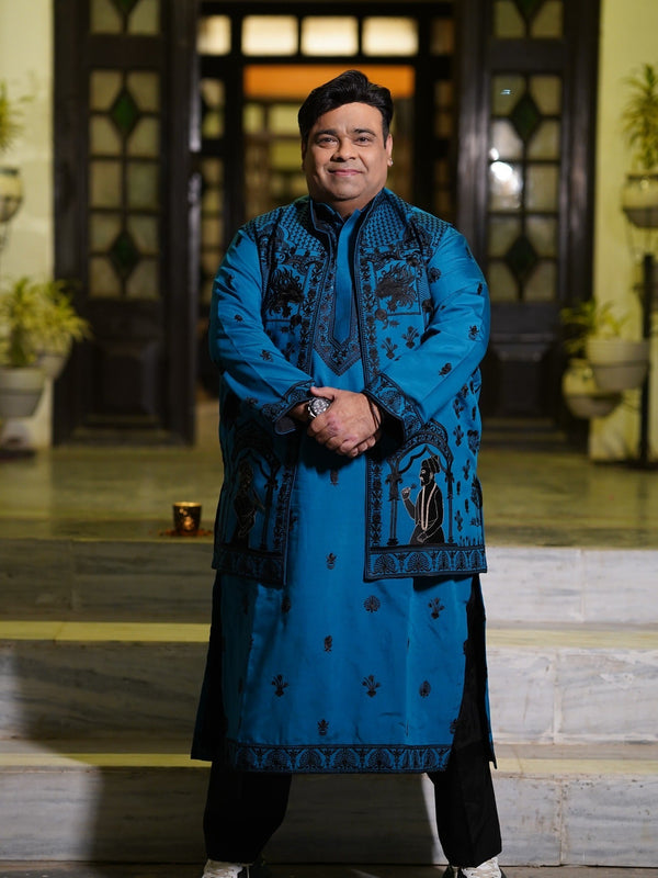 Kiku Sharda in Vasu Persian Blue Jacket kurta set with Dupatta