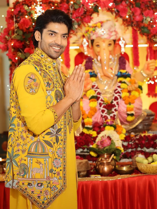 Gurmeet Choudhary in Gulistan Haldi Kurta Jacket Set