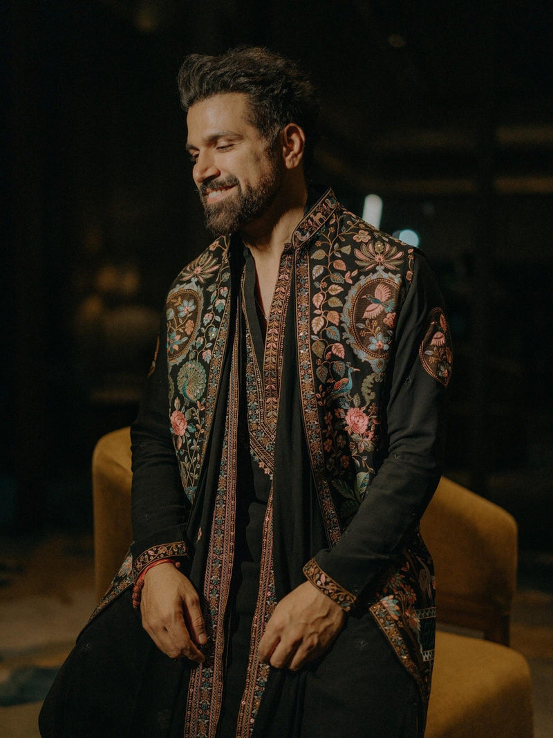 Rithvikk Dhanjani in Dawar Black Kurta Jacket Set