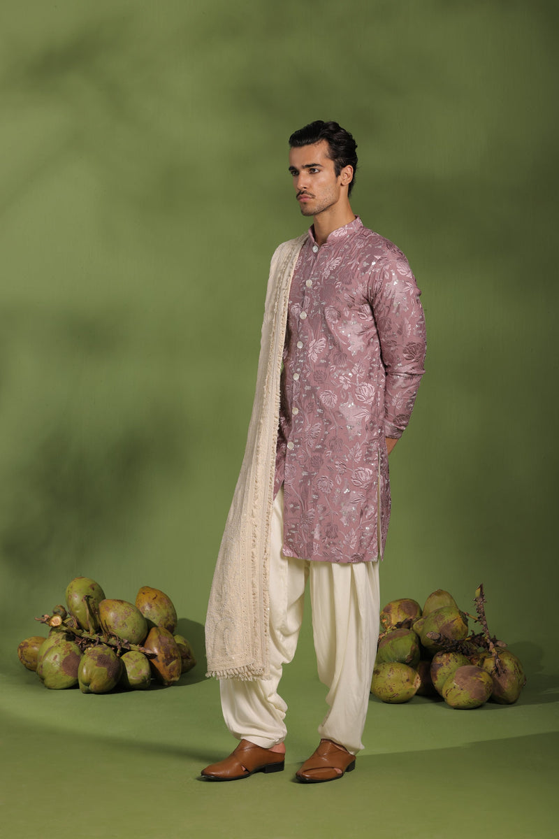 Amar Mauve purple Front open Kurta patiyala set with dupatta